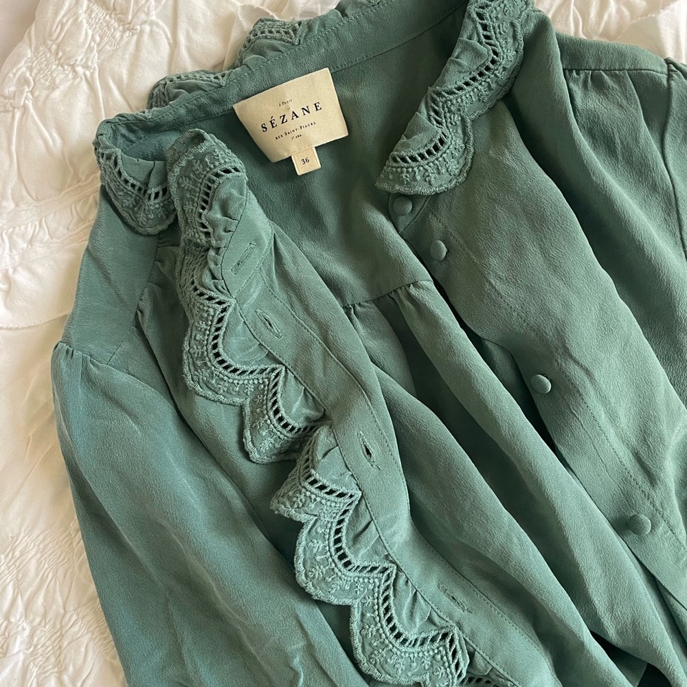 Sézane Elegant Teal Ruffle Blouse